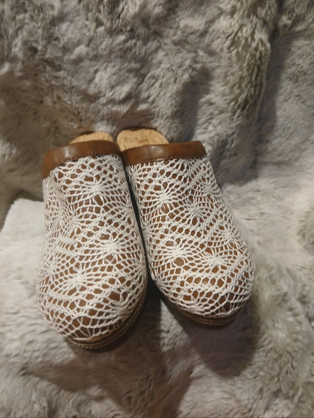 Kork-Ease White Crochet Clogs with Brown Trim